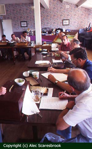 Weighing and noting the results at the top table, Holmes Chapel Gooseberry Show - Copyright (c) Alec Scaresbrook